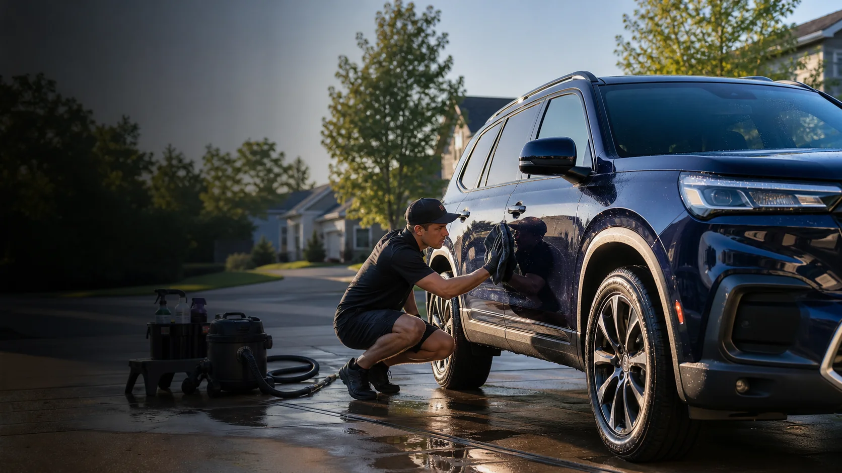Mobile detailer carefully hand-cleaning a dark blue SUV on a driveway